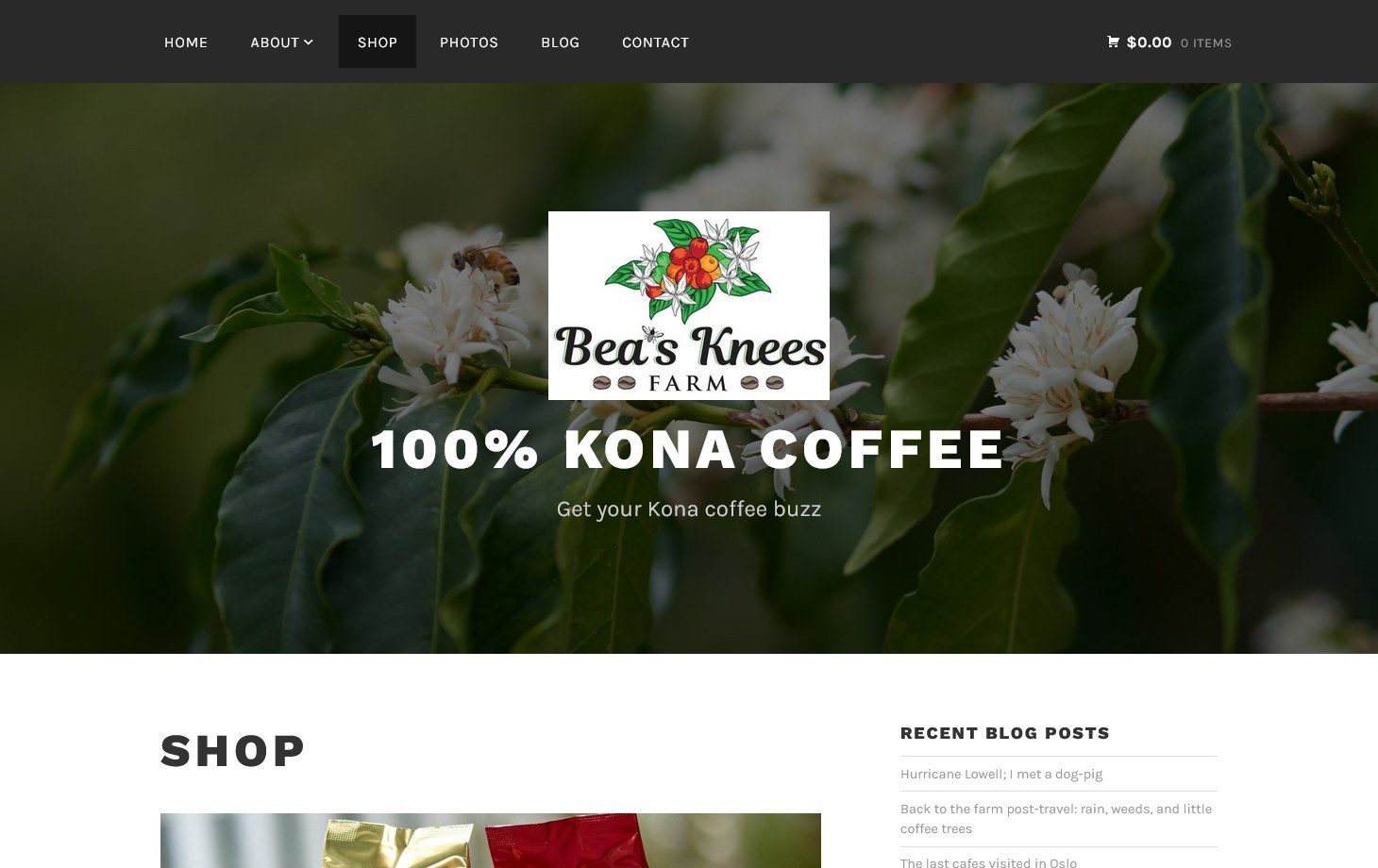 The current Bea's Knees Farm shop page: a dark theme header over a coffee blossom photograph, with the shop itself below the fold