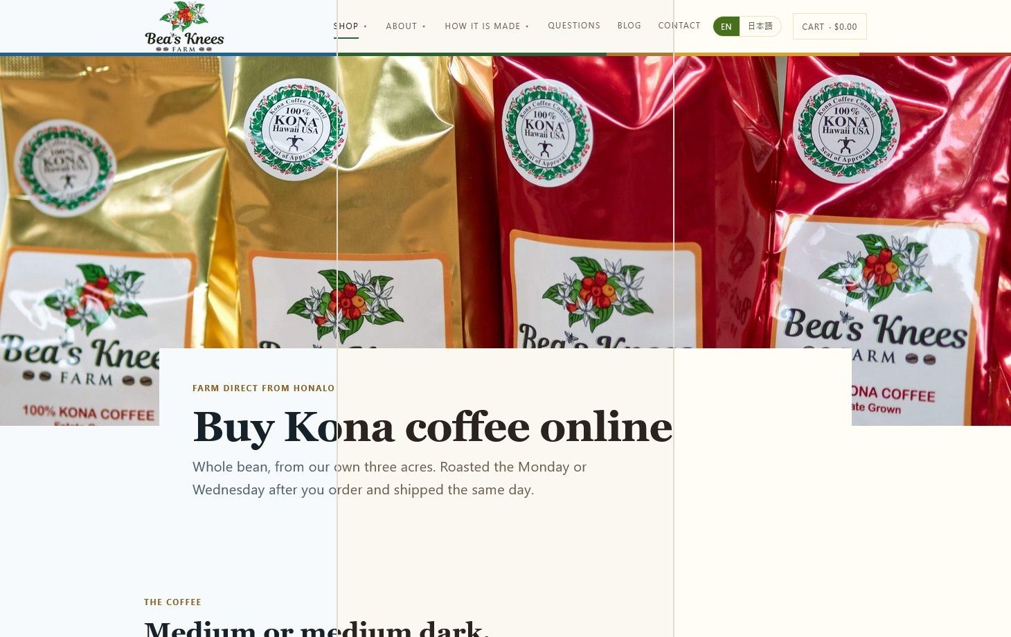 The new Bea's Knees Farm shop page cut into three tall slices, one per colorway: gold and red coffee bags in a row above the heading Buy Kona coffee online