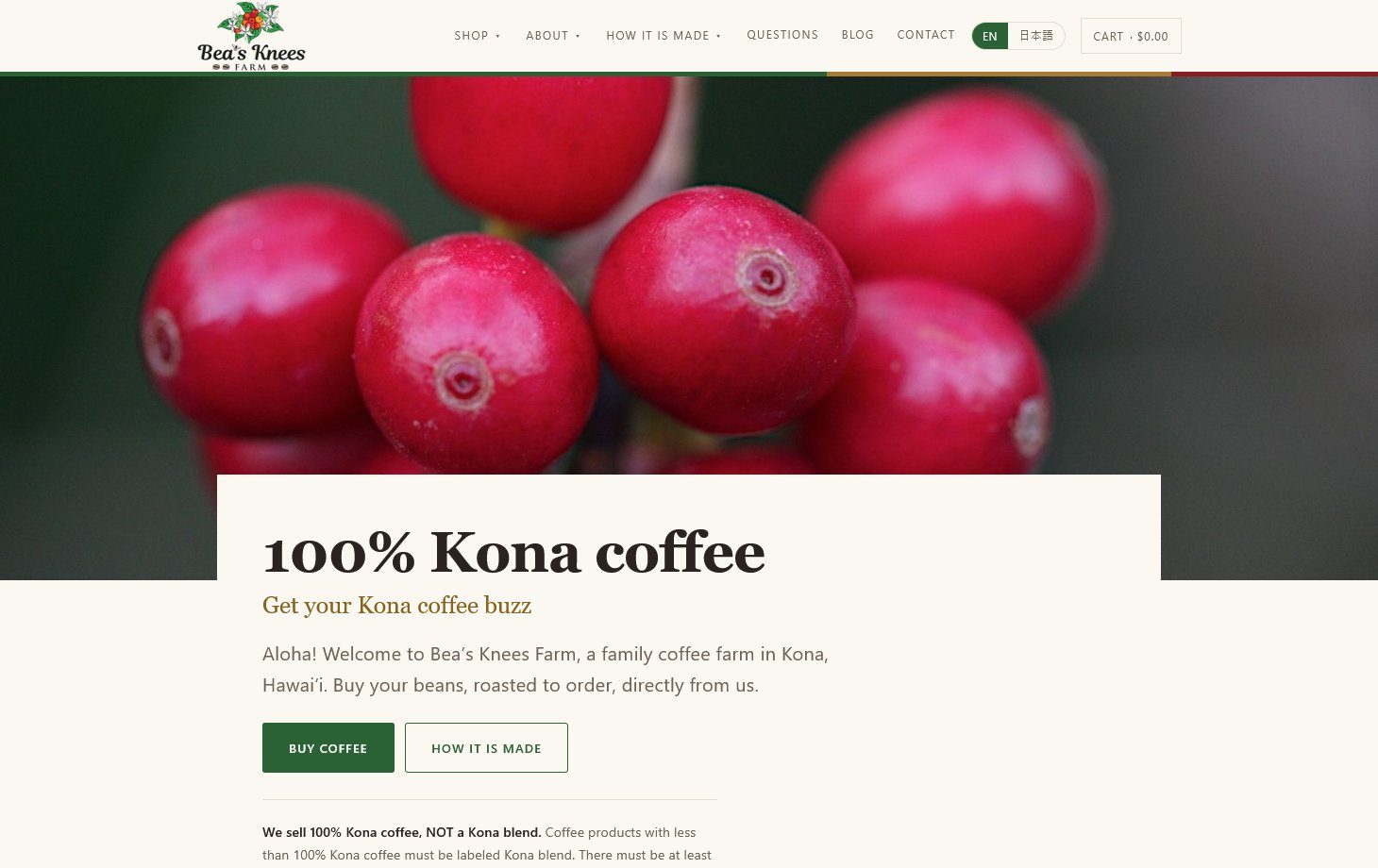 The new Bea's Knees Farm homepage: ripe red coffee cherries fill the screen above a serif headline reading 100% Kona coffee
