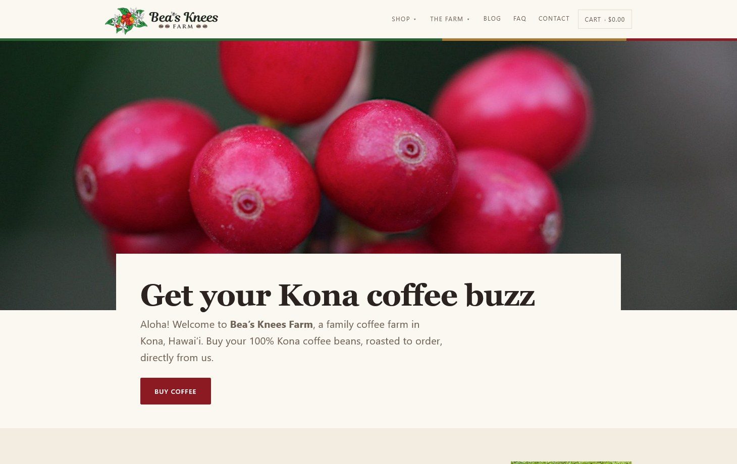 The new Bea's Knees Farm homepage: ripe red coffee cherries above a serif headline reading Get your Kona coffee buzz