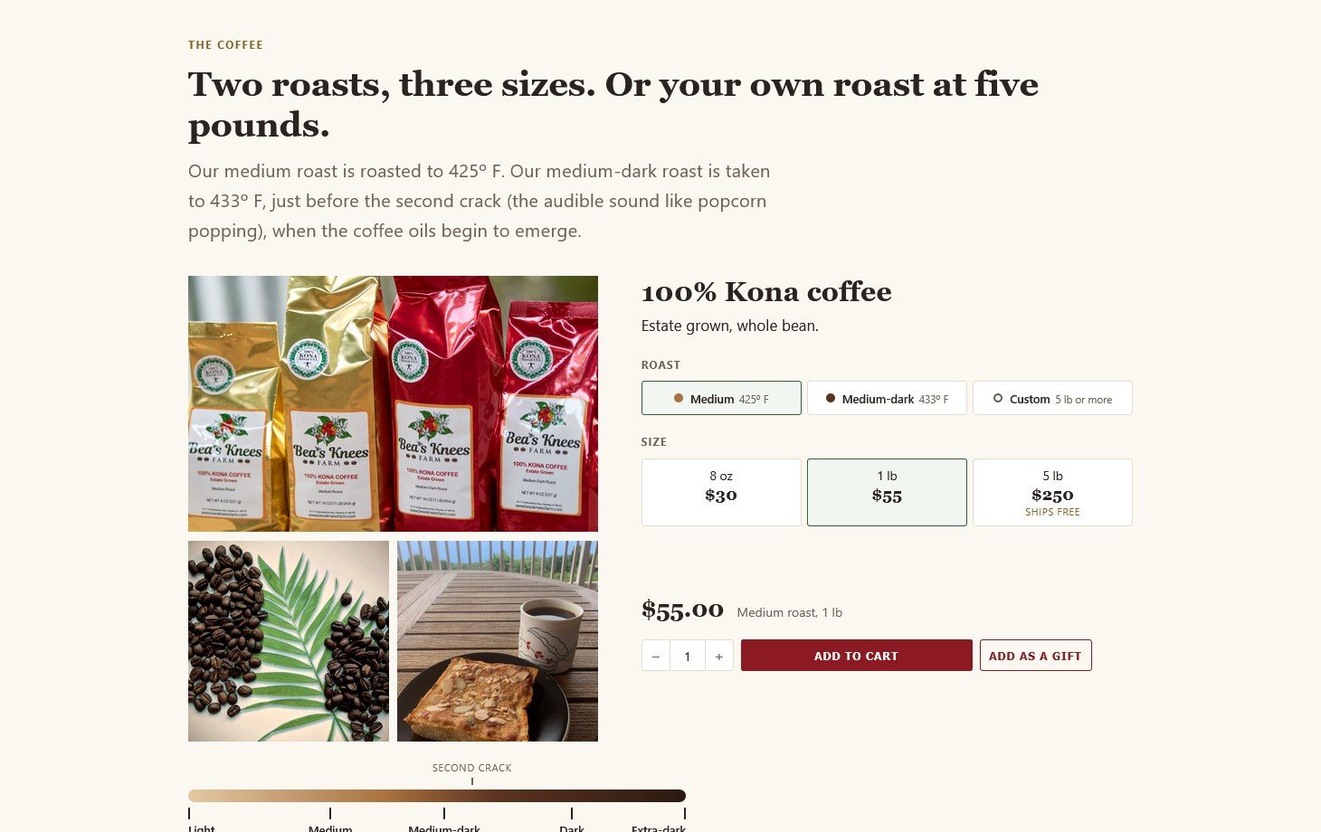 The new Bea's Knees Farm shop page: one listing for 100% Kona coffee with roast and size buttons, the price, Add to cart and Add as a gift, beside photographs of the bags