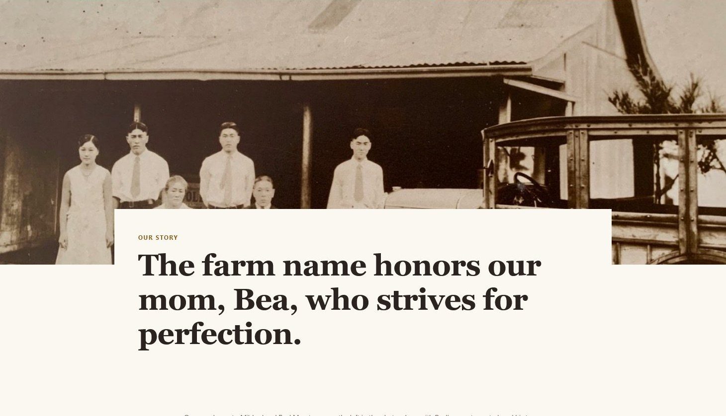 The new Bea's Knees Farm story page: a sepia family photograph from the 1930s above the heading The farm name honors our mom, Bea