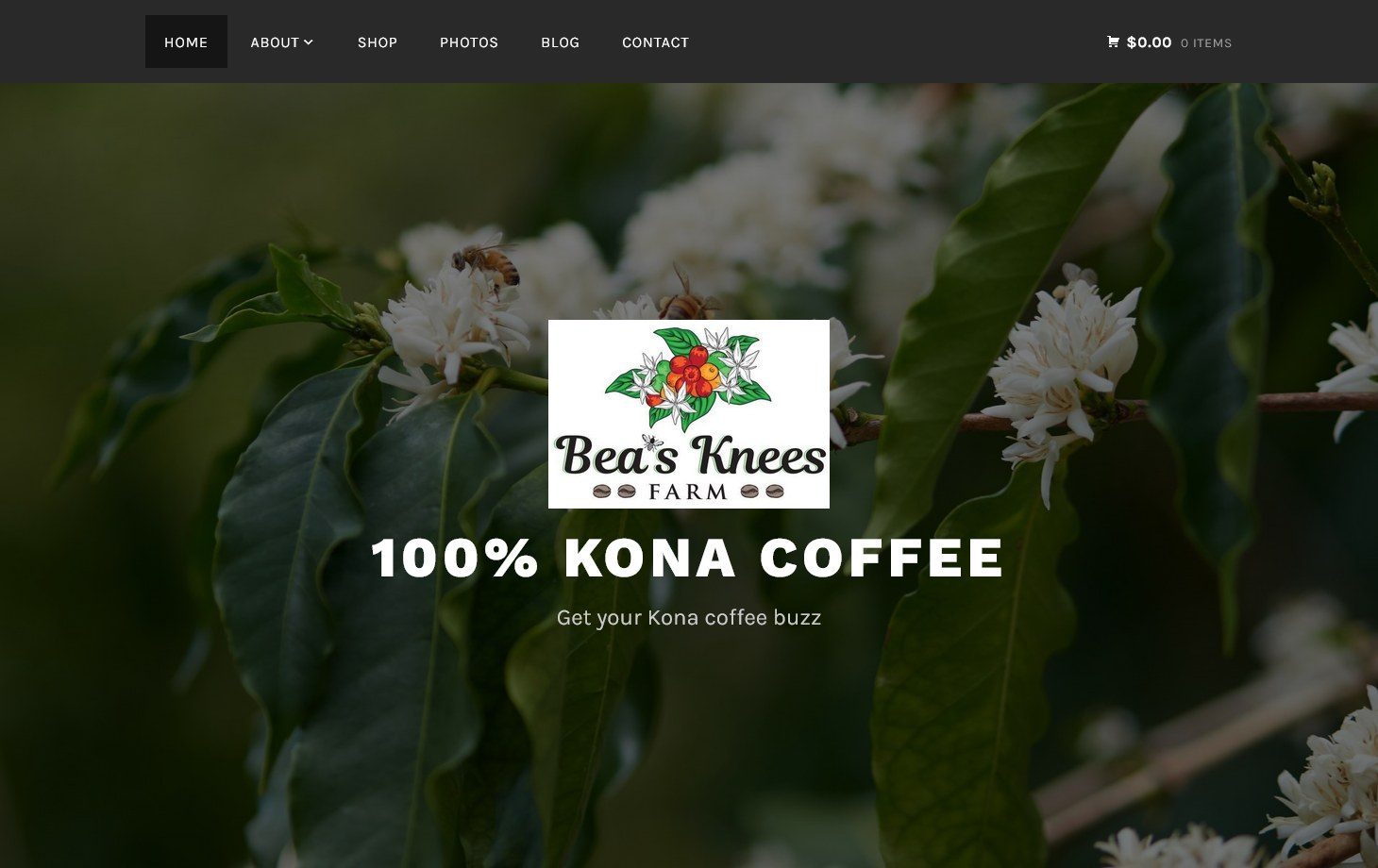 The previous Bea's Knees Farm homepage: a dark header bar over a coffee blossom photograph, the logo and 100% Kona coffee set in the middle