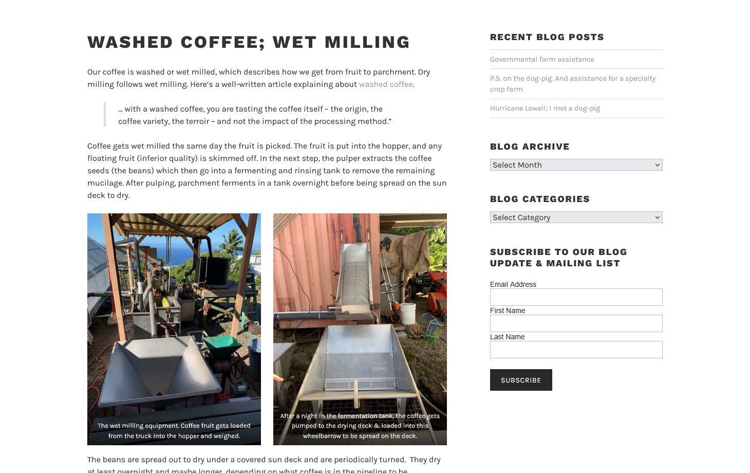 The previous Bea's Knees Farm wet milling page: a heading reading Washed coffee; wet milling above paragraphs of text