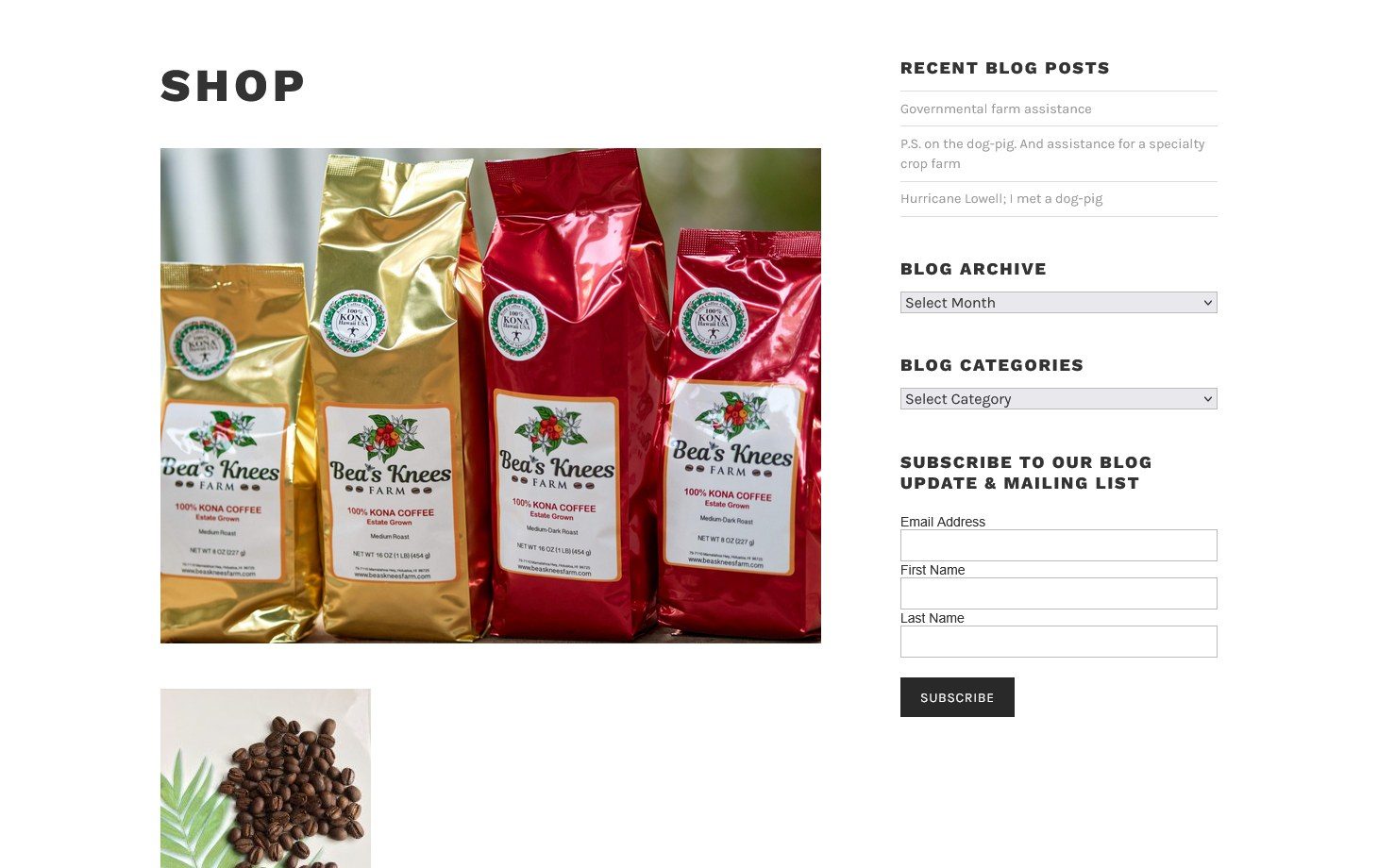 The previous Bea's Knees Farm shop page: six coffee listings under a Shop heading, beside a recent blog posts sidebar