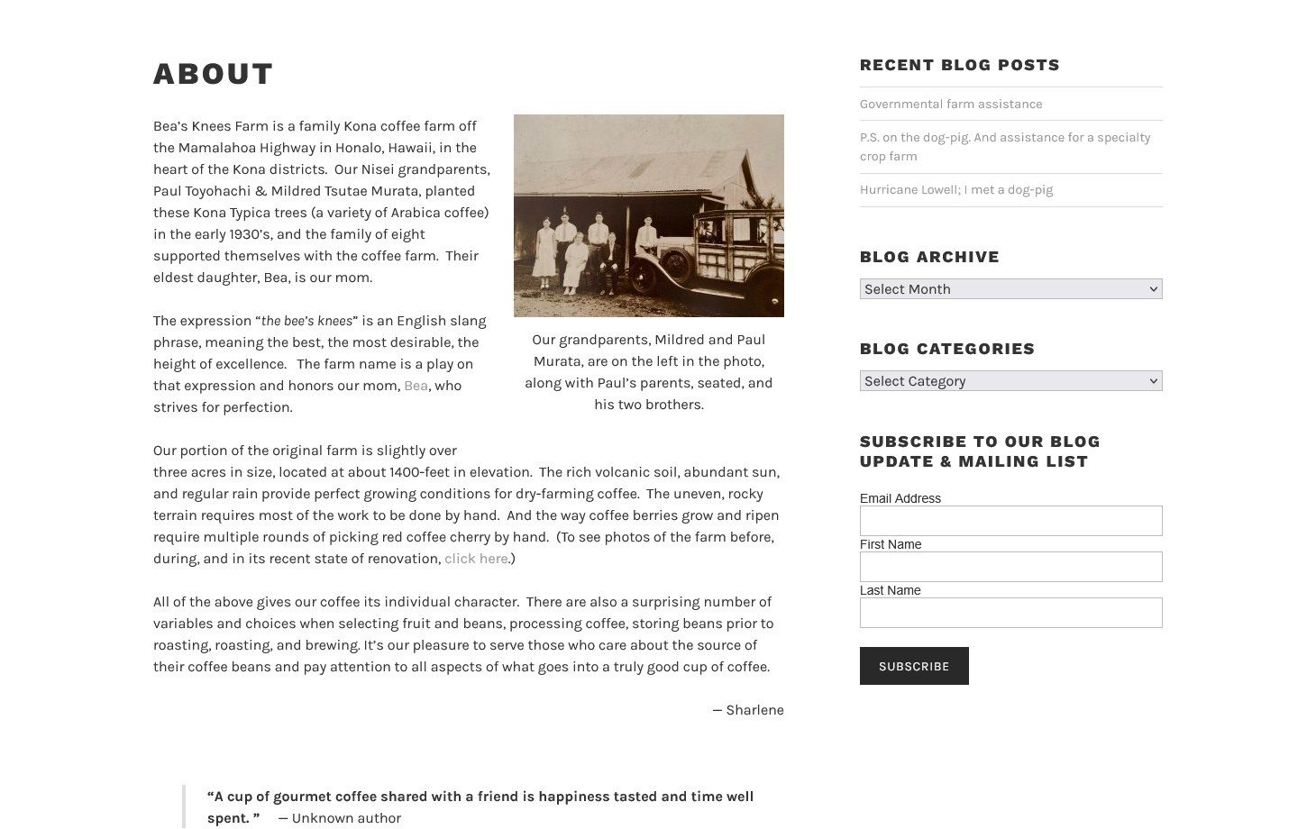 The previous Bea's Knees Farm about page: the farm's history in text with a sepia family photograph to one side