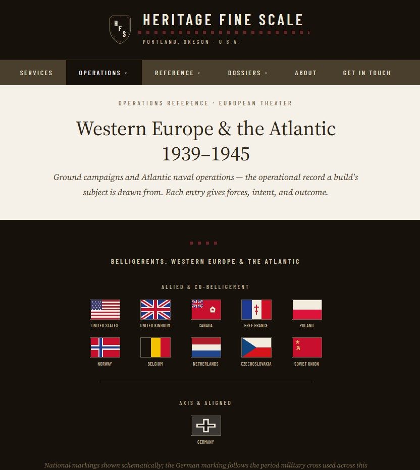 A Heritage Fine Scale operations reference page for Western Europe 1939 to 1945, listing belligerent nations with drawn flag markings