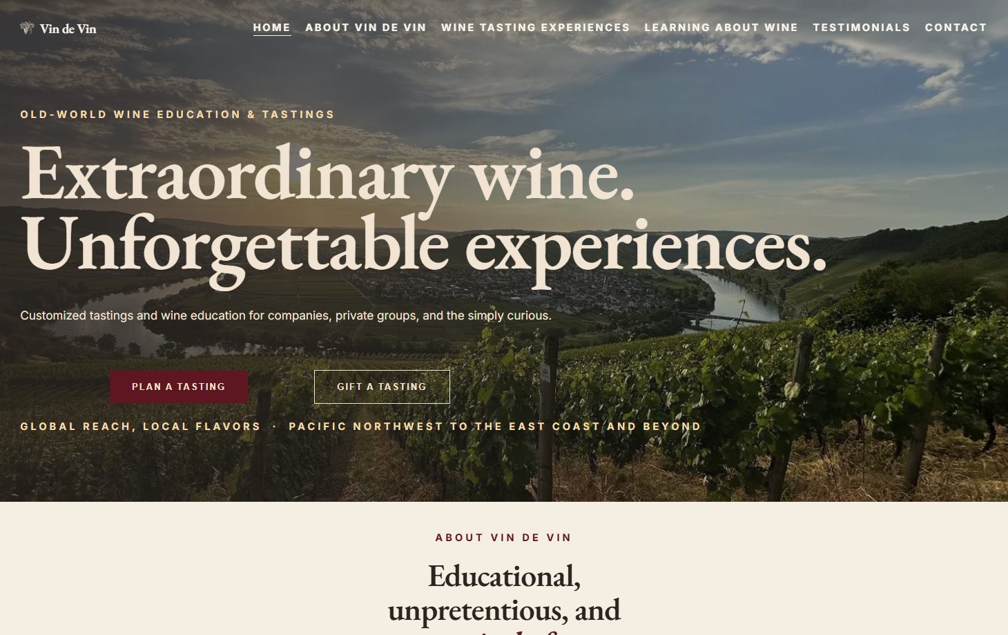 The Vin de Vin homepage today, a full-bleed Mosel vineyard hero reading Extraordinary wine. Unforgettable experiences.