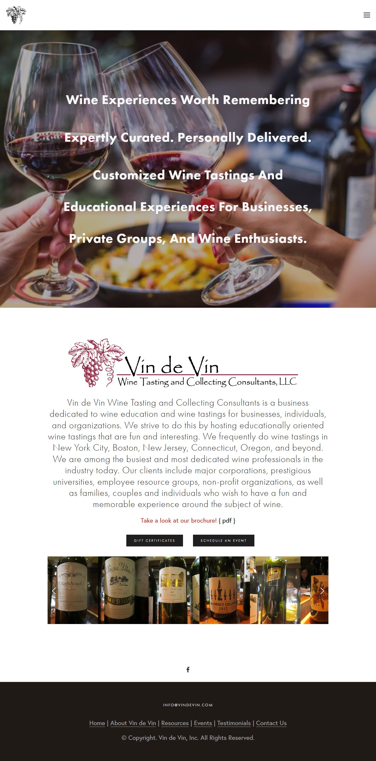 The previous Vin de Vin homepage, a Squarespace layout