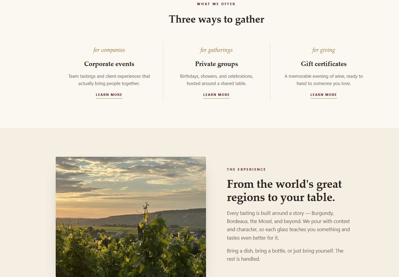 An alternate design direction for Vin de Vin: a warm, editorial layout centered on a long dining table