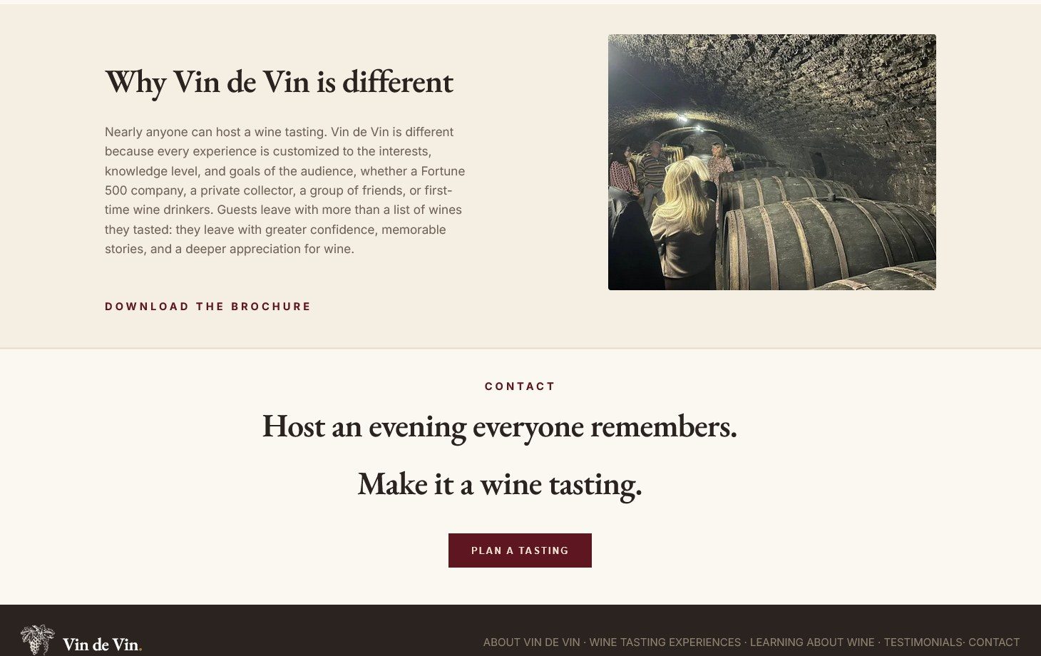 The Vin de Vin about page today: a Why Vin de Vin is different panel beside a photograph of a barrel cellar, above a Host an evening everyone remembers band with a Plan a tasting button
