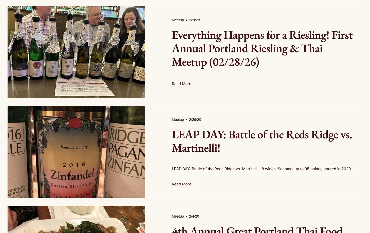 The Vin de Vin tastings page today: tasting cards, each a photograph beside a serif title, date and Read more link