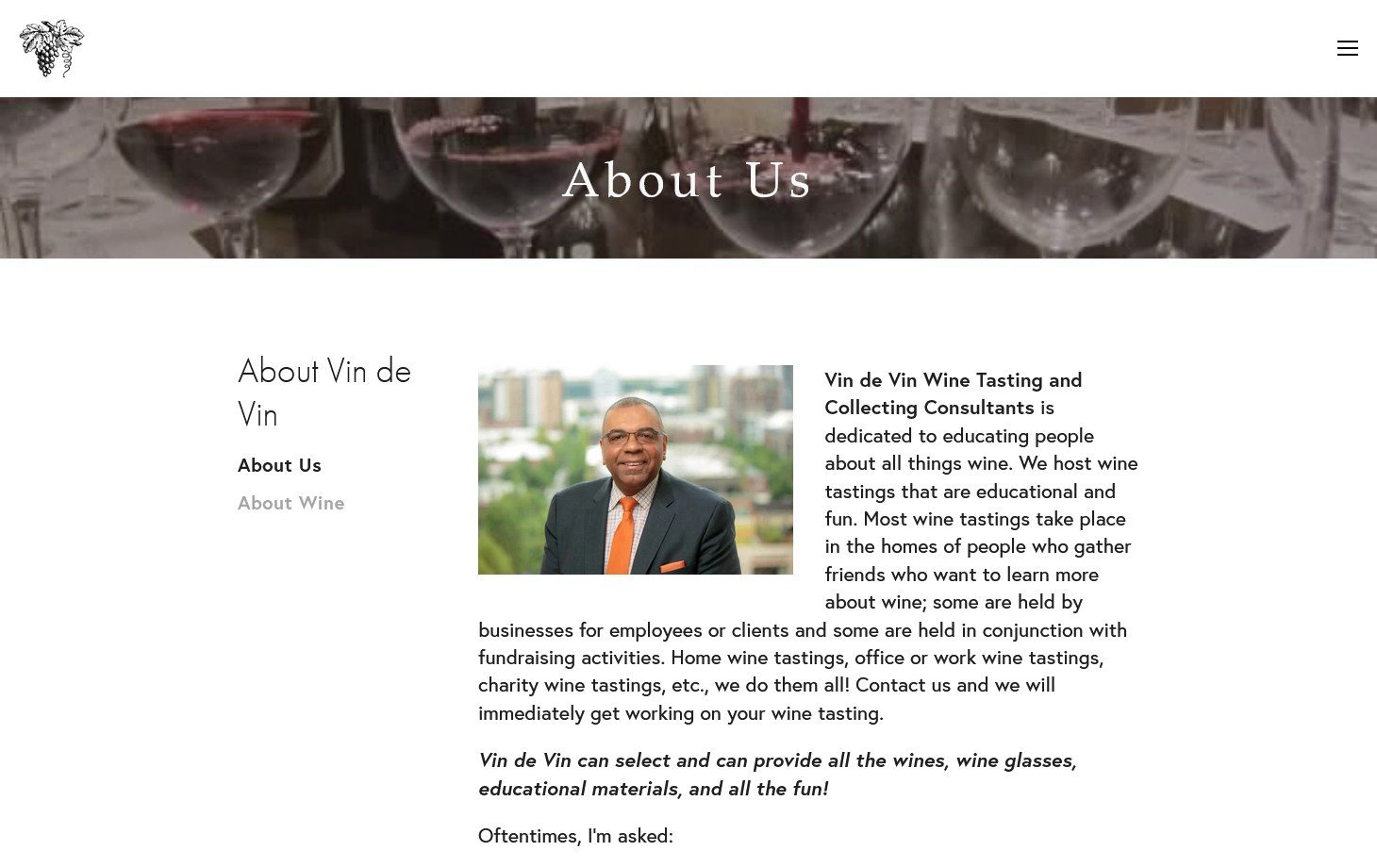 The previous Vin de Vin About Us page: a banner of wine glasses above a text column beside a portrait