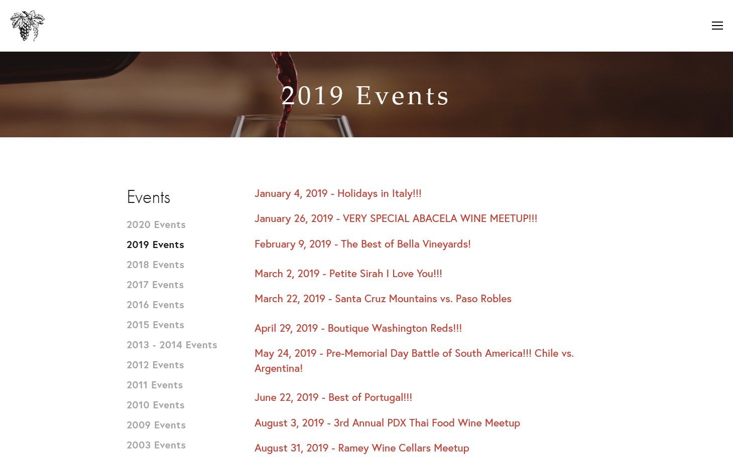 The previous Vin de Vin 2019 Events page: a list of that year's tastings beside links to each other year