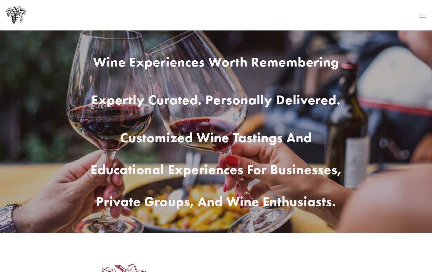 The previous Vin de Vin homepage: a Squarespace layout with a toast of red wine glasses behind centered white text reading Wine experiences worth remembering