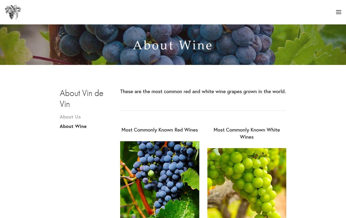 The previous Vin de Vin About Wine page: two columns headed Most commonly known red wines and white wines